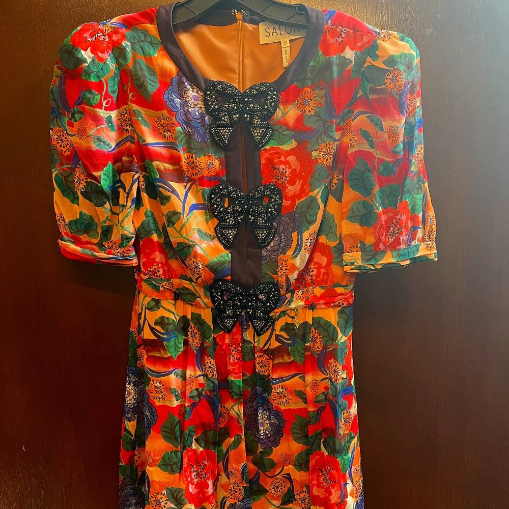 SALONI -  Jamie Short Dress With Bows In Dianthus Print